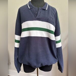 90’s Y2K Discus Athletic Navy and Green Striped Polo RUGBY Sweater